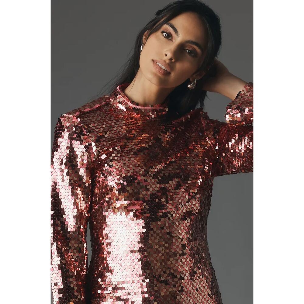 nwt ANTHROPOLOGIE MAEVE sz M Long-Sleeve Mock-Neck sequin mini dress in pink - Picture 2 of 4